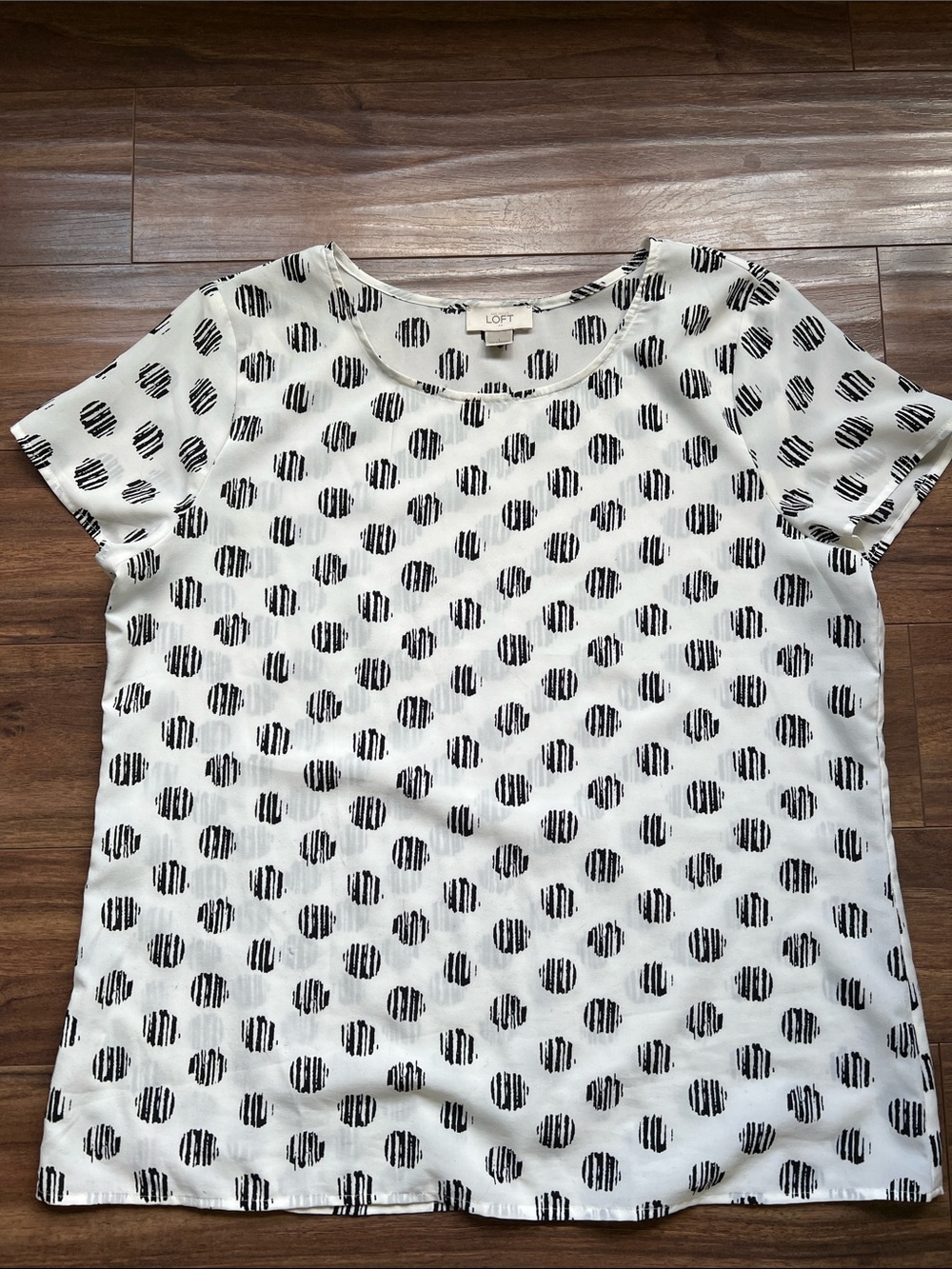 LOFT White Short Sleeve Blouse with Black Striped Dot Print